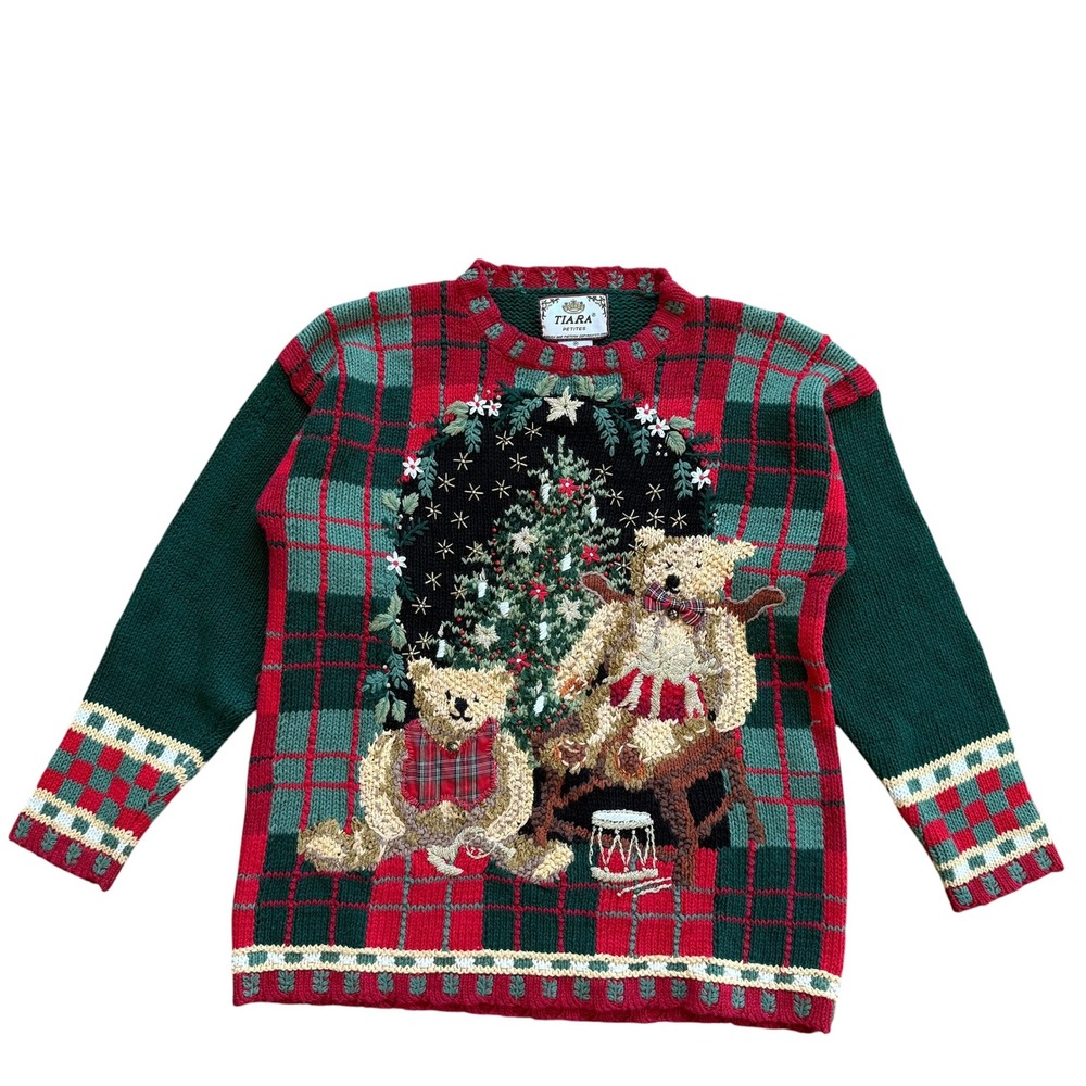Tiara Petites‎ Vintage Christmas Sweater Teddy Bear Plaid Red Green Medium